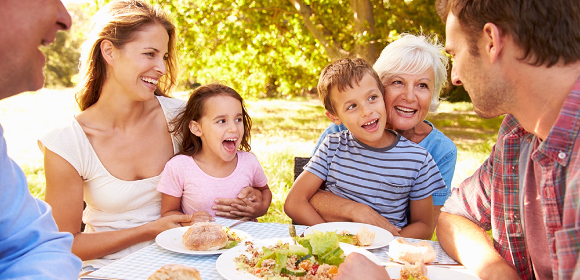 famiglia felice durante un pranzo estivo all'aperto